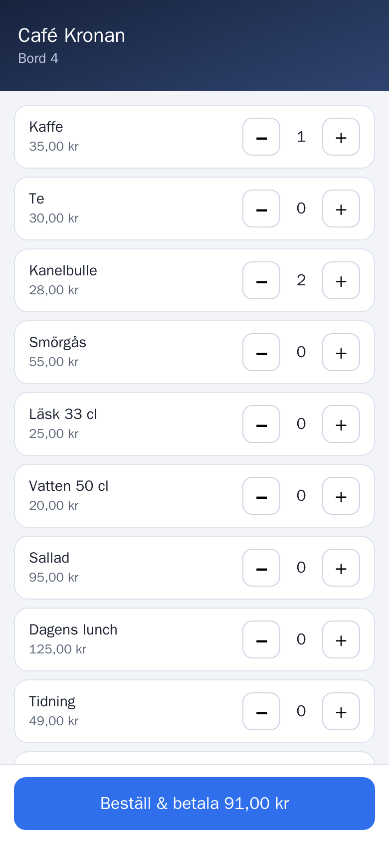 Gästen beställer och betalar från bord 4 i mobilen